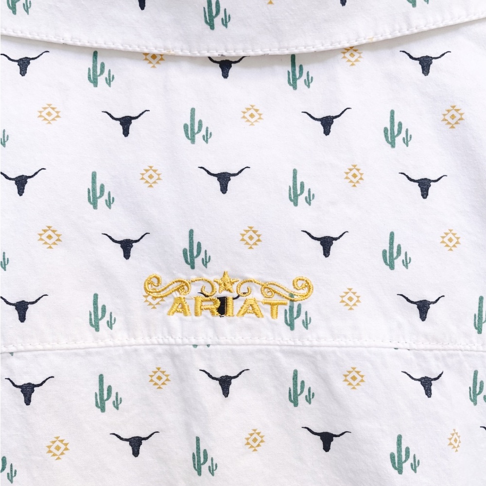 Ariat REAL Button Down Shirt Western Cactus Longhorn Print M Fitted - Picture 4 of 7